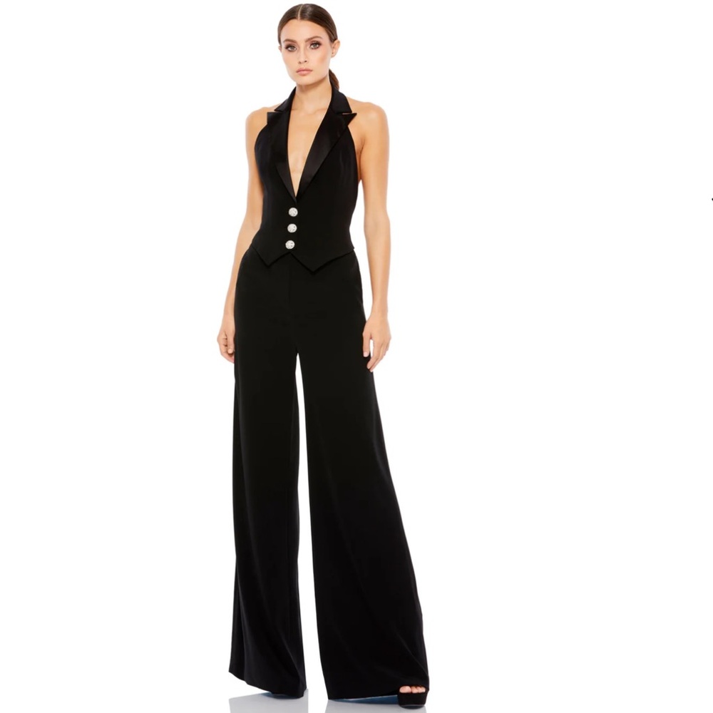 NWT MAC DUGGAL BLACK TUXEDO HALTER JUMPSUIT